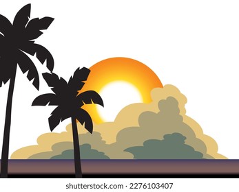 Landscape of sea, sunset, clouds and palms