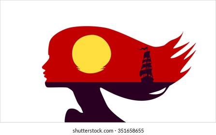 Landscape, sea, sunset, the giant yellow sun on a background of purple-red sky. 
Frigate, sea. Double Exposure - in silhouette profile of a young girl with developing hair.