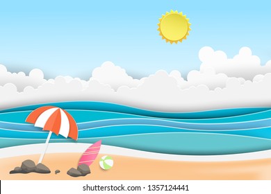 Landscape of sea sunset view with Summer beach palm trees on the beach.Paper art style.