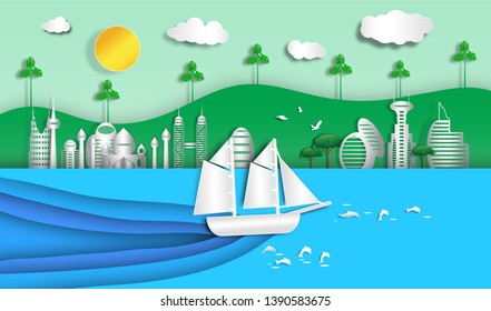 landscape sea view and barque in summer outdoor with city background of paper art style,vector or illustration with travel concept