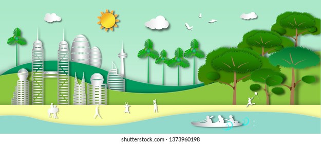 landscape sea view and boatman in summer outdoor with city background of paper art style,vector or illustration with travel concept