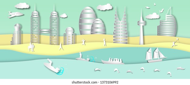 landscape sea view and jet ski in summer outdoor with city background of paper art style,vector or illustration with travel concept