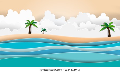 Landscape of sea view with Summer beach palm trees on the beach.Paper art style.