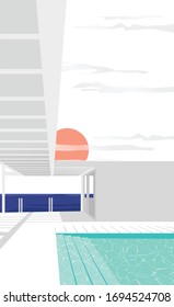 mar paisajístico en villas y piscina de arte plano 