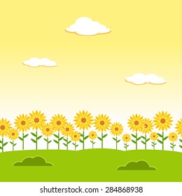 Landscape seamless background. Garden seamless background. Sunflower garden background. Flower landscape background. Afternoon landscape background. Nature background.