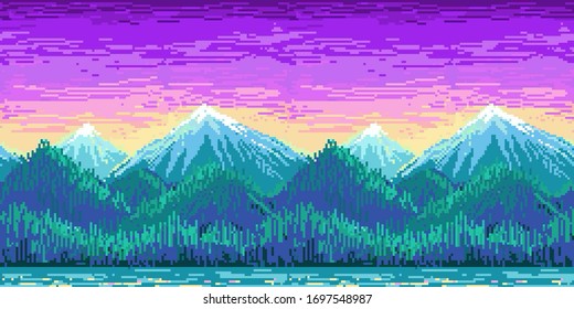 landscape seamless background with mountains and lake in pixel art style. Hills on a sunset background. Vector illustration