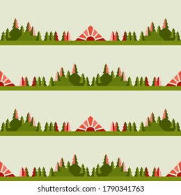 Landscape seamless border with fir trees, hills and sunrise, in green and red. Simple geometric style