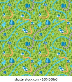 Landscape seamless pattern in color with rivers, roads and houses