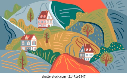 Landscape  seamless pattern with houses, trees and hills in cartoon.Nature endless background and texture for printing on fabric and paper.Vector hand drawn illustration for design card,poster,cover.