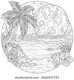 Landscape of the sea,palm trees and full moon in a round frame.Coloring book antistress for children and adults. Illustration isolated on white background.Zen-tangle style. Hand draw