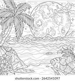 Landscape of the sea,palm trees and full moon.Coloring book antistress for children and adults. Illustration isolated on white background.Zen-tangle style. Hand draw