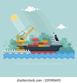 Landscape seaport. The crane which unloads. Carrier, Cranes in Port Load Containers on the Container Ship. Flat vector illustration