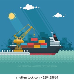 Puerto marítimo paisajístico. La grúa que se descarga. Portadora, grúas en contenedores de carga de puerto en el buque contenedor. Ilustración vectorial plana