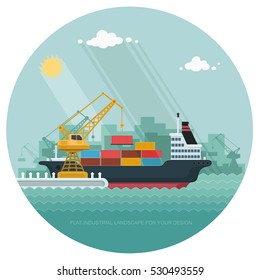 Landscape seaport. The crane which unloads. Carrier, Cranes in Port Load Containers on the Container Ship. Flat vector illustration