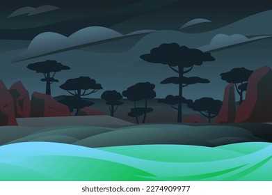 El paisaje marítimo. El crepúsculo oscuro de la noche. Playa de arena cerca del agua. Olas costeras. Estilo divertido de caricatura. Diseño plano. Vector
