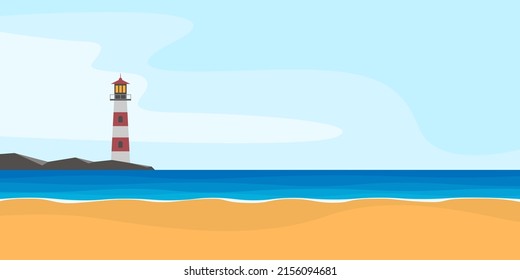 Landscape with a seashore and a lighthouse. Vector image in a flat style.