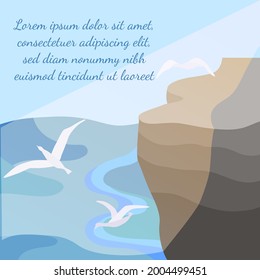Landscape with a seashore, sunbeams and seagulls. Rock cliff with a plateau and calm sea underneath. Flat vector illustration.