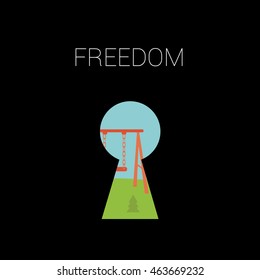 Landscape seen through a keyhole and freedom text illustration isolated in a black background