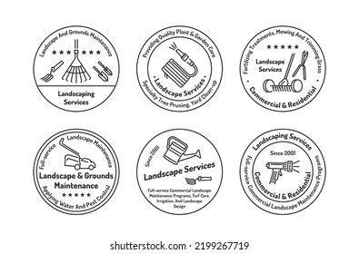 Landscape Services Minimalist Circle Badge Set Line Vector Illustration. Gardening Design Company Round Promo Emblem. Commercial Business Ground Maintenance Plant Care Tree Pruning Yard Cleanup