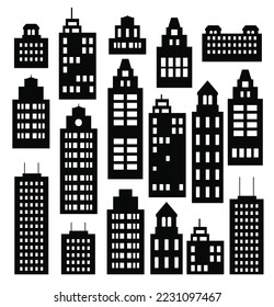 Landscape set of buildings silhouetted on white background. A black outlines of low rise and high-rise complexes and skyscrapers. Structural constructions placed urban objects