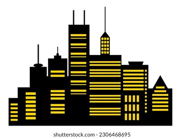 Landscape set of buildings silhouetted on white background. A black outline of low-rise and high-rise complexes and skyscrapers. Structural constructions placed urban objects