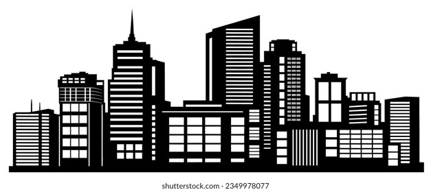 Landscape set of buildings silhouetted on white background. A black outline of low-rise and high-rise complexes and skyscrapers. Structural constructions placed urban objects