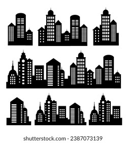 Landschaftssatz von Gebäuden auf weißem Hintergrund. Ein schwarzer Umriss von niedrigen und hohen Gebäuden und Wolkenkratzern. Strukturelle Konstruktionen platzierte städtische Objekte