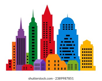 Landscape set of buildings silhouetted on white background. A black outline of low-rise and high-rise complexes and skyscrapers. Structural constructions placed urban objects