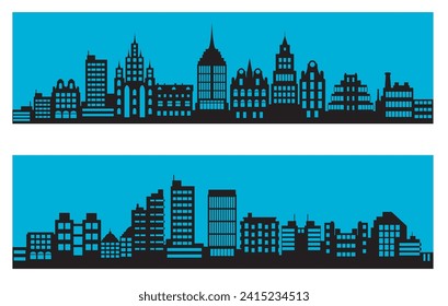 Landscape set of buildings silhouetted on blue background. A black outline of low-rise and high-rise complexes and skyscrapers. Structural constructions placed urban objects