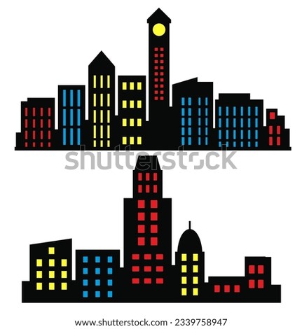 Landscape set of buildings silhouetted on white background. A black outline of low-rise and high-rise complexes and skyscrapers. Structural constructions placed urban objects