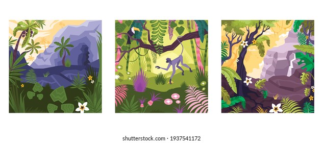 Landscape set of flat square compositions with colorful views of rainforest plants animals and mountain rocks vector illustration