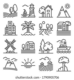 Landscape Set. Hill, Field and Trees Icons. Vector