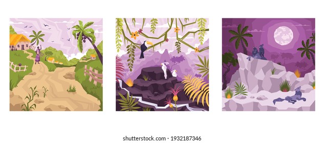 Landscape set of square compositions with flat sceneries tropical village and rainforest with cliffs and moon vector illustration