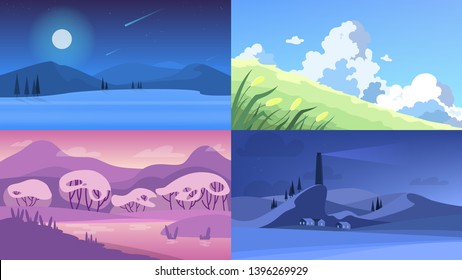 Landscape set. Various outdoor view on the nature. Day and night scene. Travel and tourism concept. Beautiful panorama. Vector illustration in cartoon style