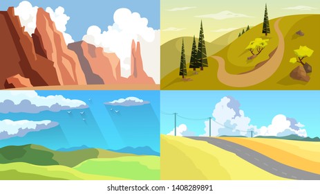 Landscape set. Various outdoor view on the nature. Day and night scene. Travel and tourism concept. Beautiful panorama with mountaind and road. Vector illustration in cartoon style