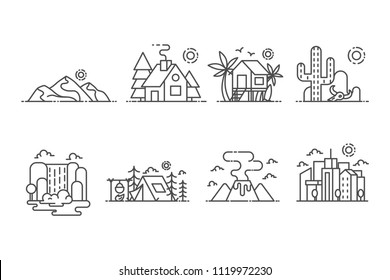 Landscape set of vector icons outline style