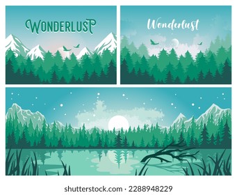 Landscape setof national park for adventure, wanderlust or explorer outdoor. Nature design with background set of forest and mountain for camping