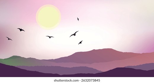 a landscape with a setting or rising sun against a sky with a gradient from pink to white with silhouettes of mountains in shades of purple and green and birds in the sky

