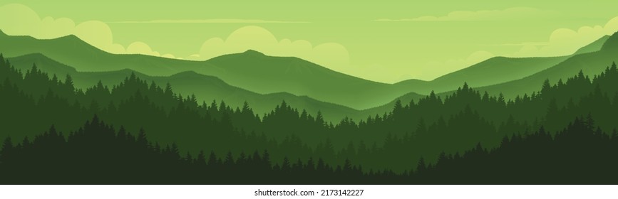 Landscape with shadows of mountains and pine forests.