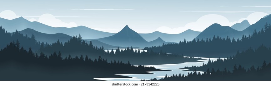 Landscape with shadows of mountains and rivers and pine forests.