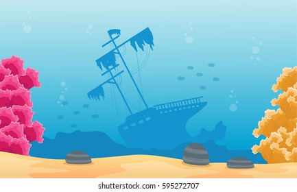 Landscape of ship and fish on underwater