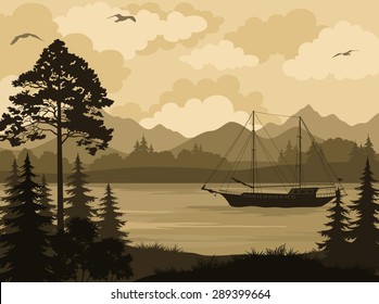 Landscape with Ship Sailboat on a Mountain Lake, Spruce Trees, Pine and Bushes, Birds in the Sky and Clouds. Vector