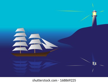 Landscape. Ship at sea and the lighthouse