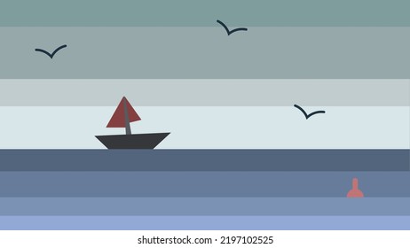 Landscape of a ship at sea. Vector illustration