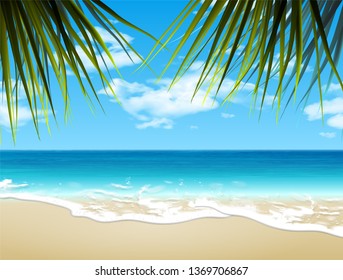 Landscape. Shore of the azure sea, sandy beach and clouds in the sky. 3D vector. High detailed realistic illustration