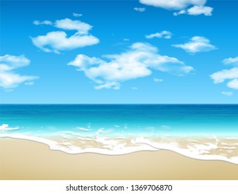 Landscape. Shore of the azure sea, sandy beach and clouds in the sky. 3D vector. High detailed realistic illustration