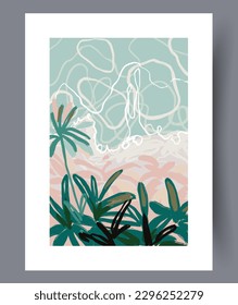 Landscape shore azure sea wall art print. Contemporary decorative background with sea. Wall artwork for interior design. Printable minimal abstract shore poster.