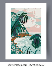 Landscape shore oceanic nature wall art print. Printable minimal abstract shore poster. Wall artwork for interior design. Contemporary decorative background with nature.