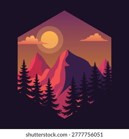 Landscape showcasing a serene sunset scene over majestic mountains and pine trees within a hexagon frame. Suitable for naturethemed designs.