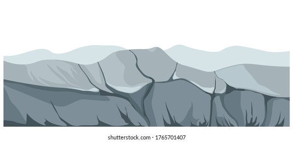 Landscape showing mountains and rocks of abandoned place. Scenery with gloomy atmosphere, surroundings with rigid relief and cliffs, wilderness area with rough ground texture. Vector in flat style